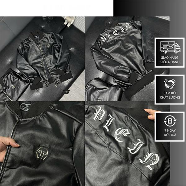  Áo Khoác Da Bomber Jacket Nam Philipp - Pleinn Da Pu Bóng Thêu Logo Da Tag Sắt Khoá Zip Phối Chữ Lưng Cao Cấp Boy Phố 2025 