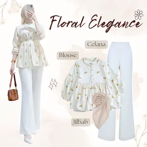 One Set Kondangan Simple Elegan (Baju Motif Bunga Cantik + Celana Cutbray Wanita +  Jilbab) || OOTD One Set Celana Cutbray dan Atasan RO015