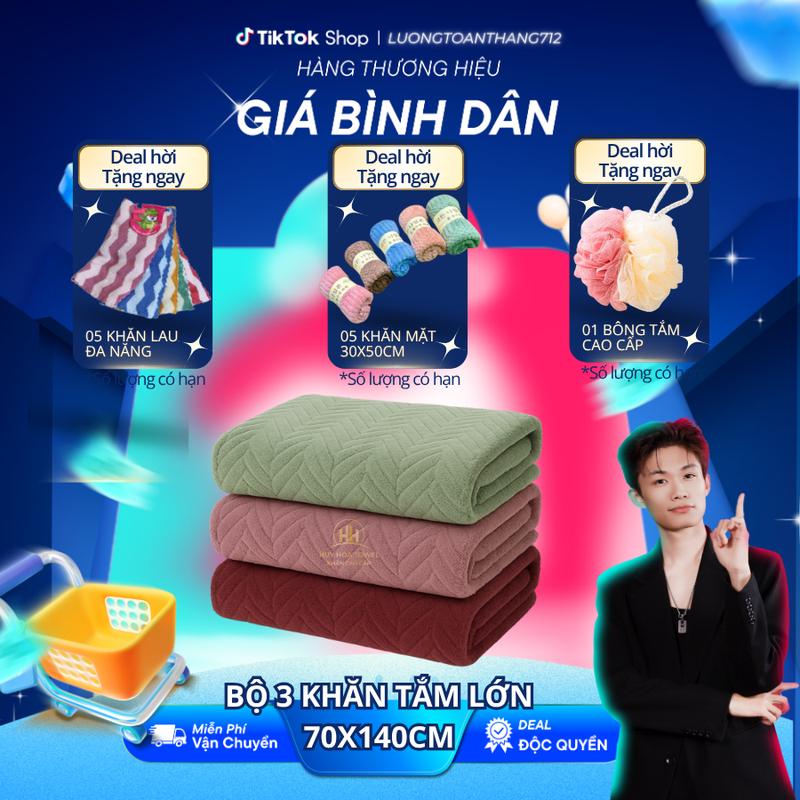 (ĐỘC QUYỀN LƯƠNG TOÀN THẮNG) Combo 3 Khăn Tắm 70x140cm Quà Tặng 5 Khăn Lau 30x30cm - 5 Khăn Mặt 30x50cm - 1 Bông Tắm . Sợi Lông Cừu Microfiber Mềm Mịn, Thấm Hút Nước
