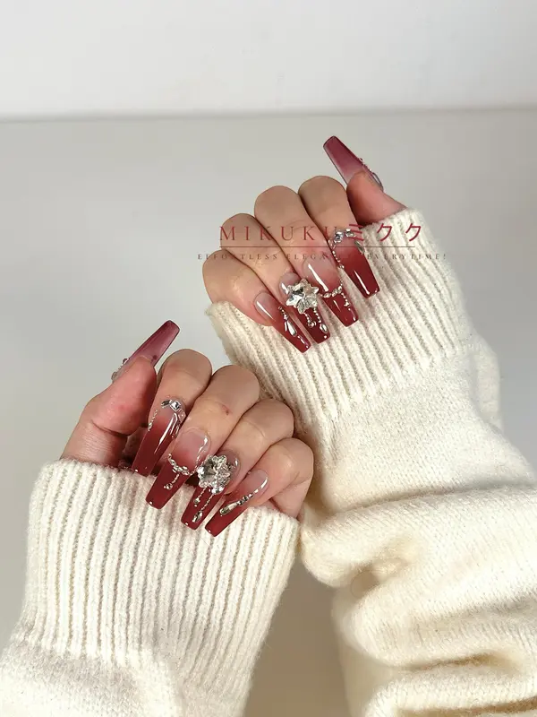 MKK2204 - Burgundy red nail art elegant/douyin style/Press on nails/Nail art/fake nails/press on nails/3D rhinestone/kuku palsu merah maroon glossy 3