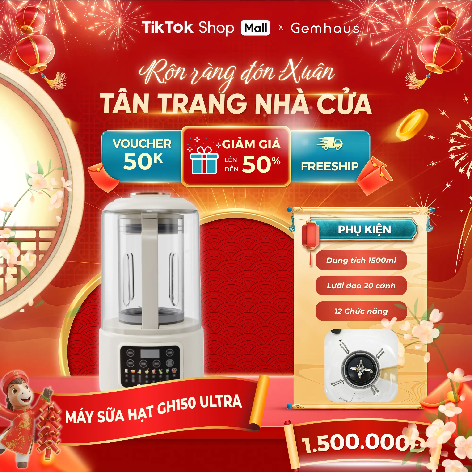 Máy làm sữa hạt Gemhaus GH150 Ultra Silent. Máy xay nấu đa năng với thiết kế cối thuỷ tinh vỏ nhựa cách nhiệt kết hợp đế gốm ceramic chống dính, có chụp chống ồn