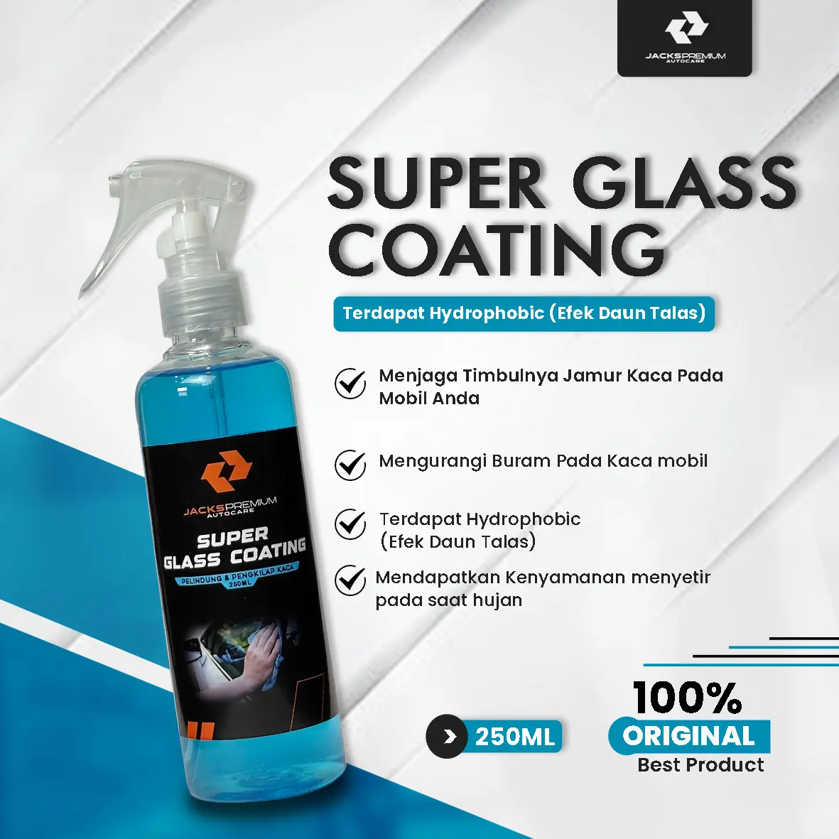 JACKS SUPER GLASS COATING 250ML EFEK HYDROPHOBIC KACA  + KAIN CAR KENDARAAN Microfiber