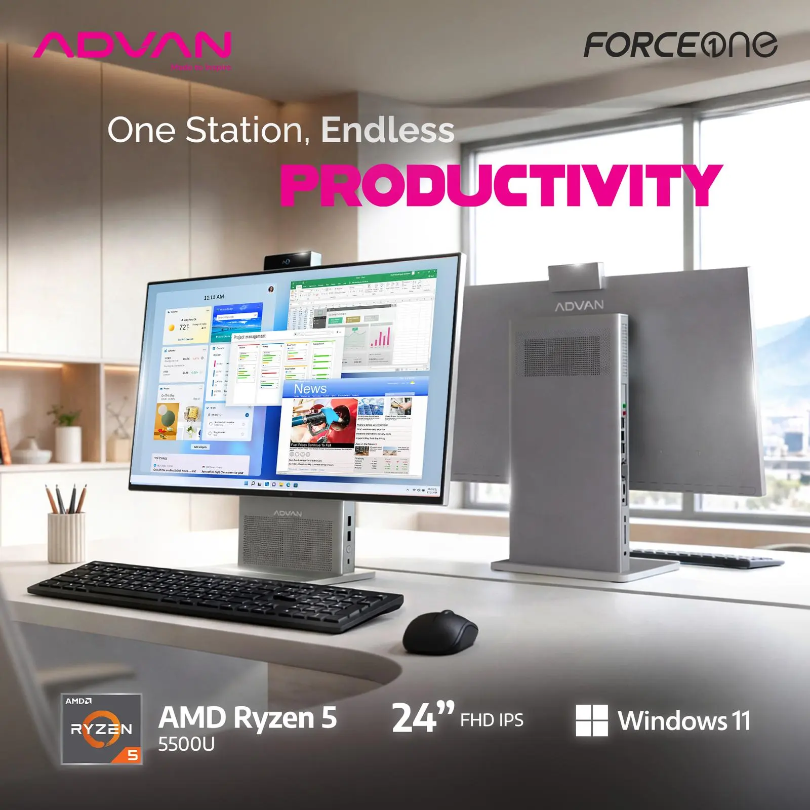 ADVAN AIO ONE PC FORCEONE R5 5500H 8GB 256GB W11 23.8"FHD IPS GREY