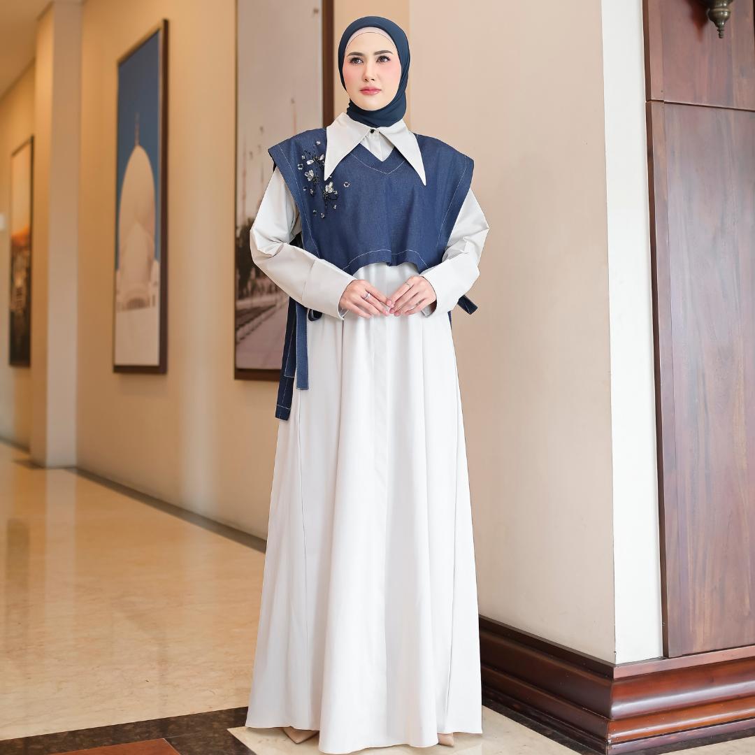 Aisyalina Id Nivaira Dress Series Tanpa Hijab Bahan Cotton Kayla Mix Jeans Payet Gamis Wanita Simple Elegant