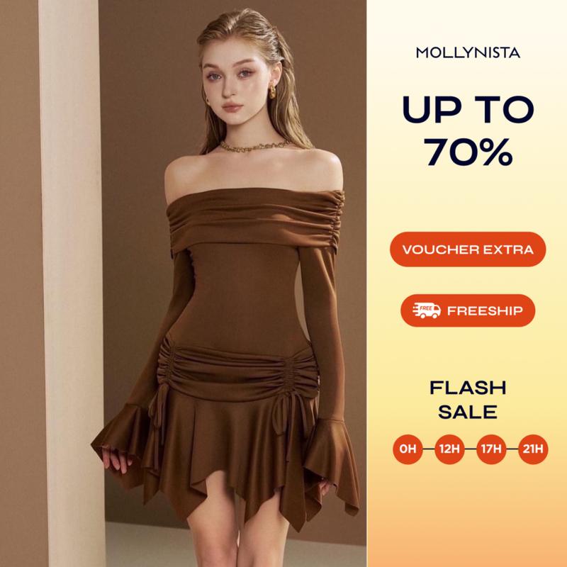 Đầm thiết kế bẹt vai tay loa thun xốp MOLLYNISTA cao cấp thanh lịch quyến rũ cao cấp