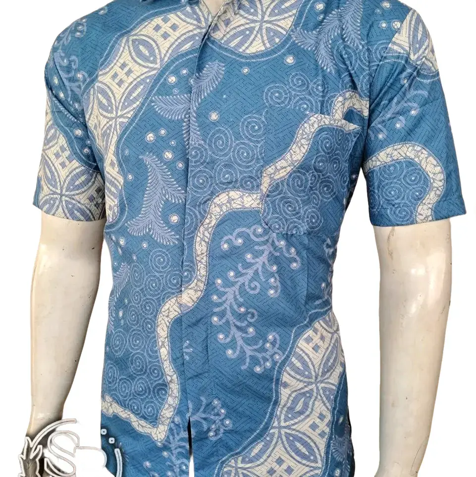 Kemeja Batik lengan pendek katun mikro premium Katun Santai Slim-fitting Formal Lembut Nyaman Pria Motif Navy
