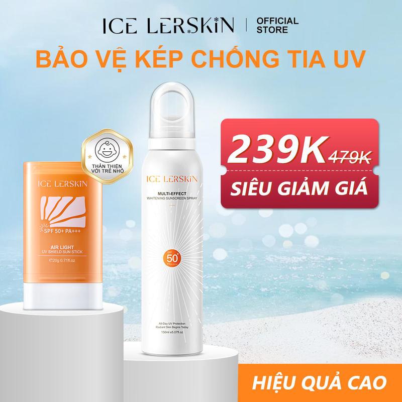 ICE LERSKIN Bộ sản phẩm chống nắng hiệu quả cao, Xịt Chống Nắng Đa Hiệu 150ML + Kem chống nắng dạng thỏi nhẹ 20g, SPF50+ PA+++, chứa chiết xuất lá hoa nhài và tinh chất vitamin E