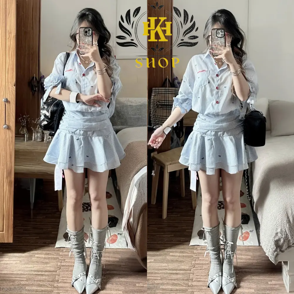 Set Đồ Nữ Set Áo Sơ Mi Chân Váy Áo Tay Lỡ Thắt Nơ Chân Váy 2 Tầng Có Quần Bảo Hộ Rời Vải Nhuyễn Kẻ QC