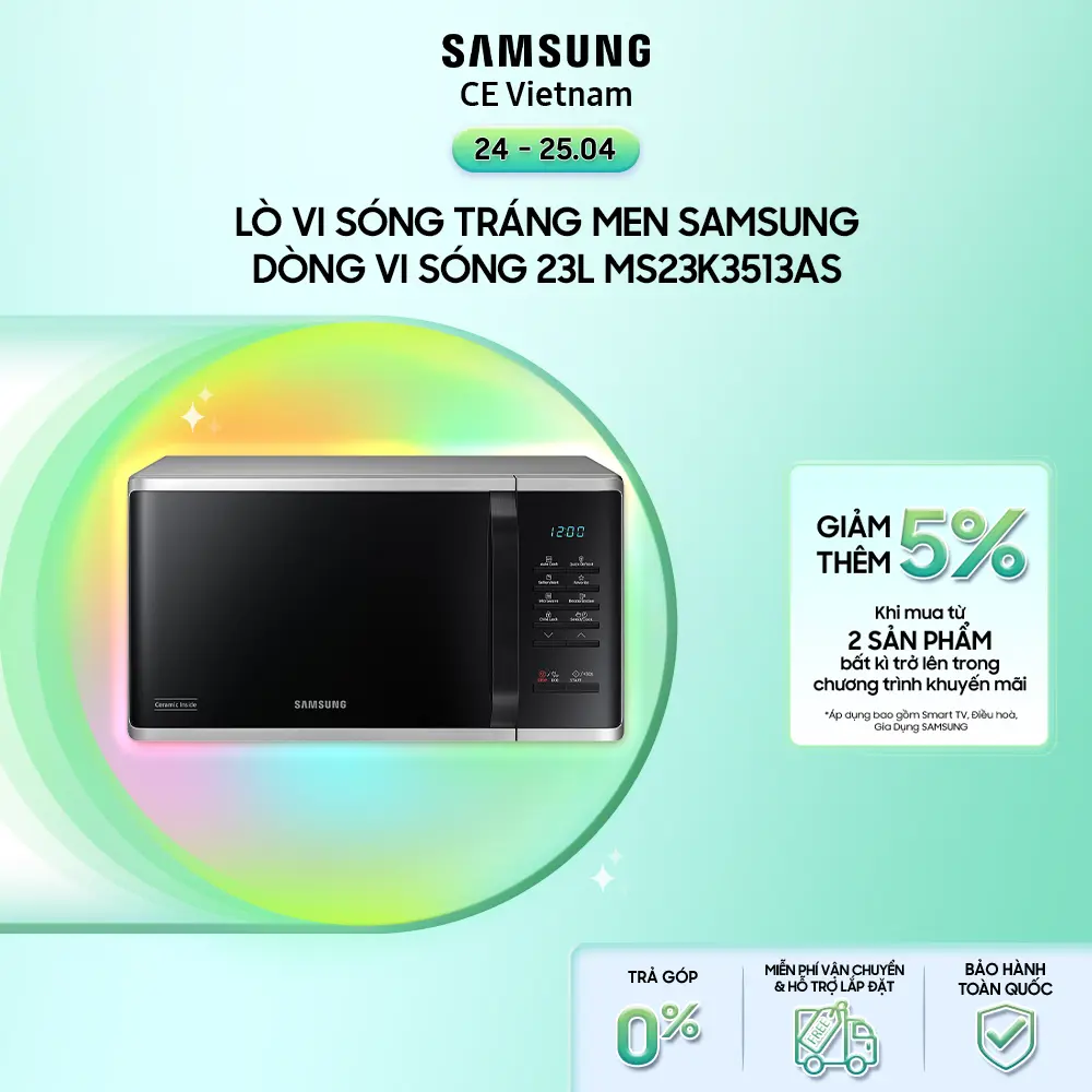 [Freeship] Lò vi sóng tráng men Samsung Chế độ Rã đông nhanh Dung tích 23 L Màu Bạc MS23K3513AS