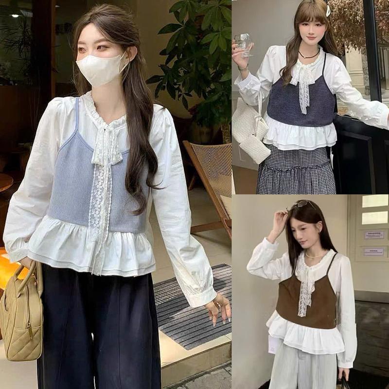 Set Áo nữ A.781 Set áo sơ mi cổ tròn buộc nơ ren kèm áo 2 dây nỉ len lông thỏ mỏng rời basic dễ phối đồ - Shop Chấm Bi
