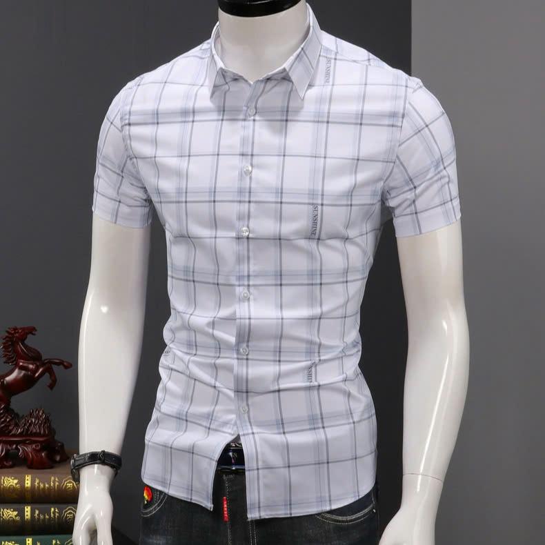 Áo sơ mi nam tay ngắn họa tiết kẻ caro phối chữ SS55 cực đẹp sơ mi nam chất kate lụa cao cấp Hàn Quốc phong cách mới trẻ trung năng động Menswear Xám Shirt Kem