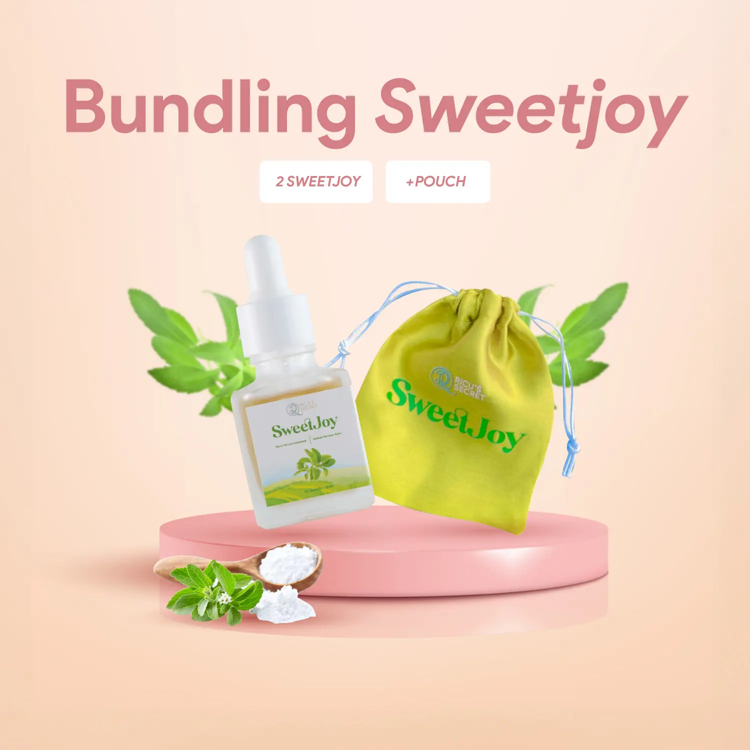 [Ricu's Secret] 2 Botol Sweet Joy dan Pouch  - Stevia Tetes Cair Natural Sweetener Pemanis Alami Pengganti Gula HALAL & BPOM (15ml)