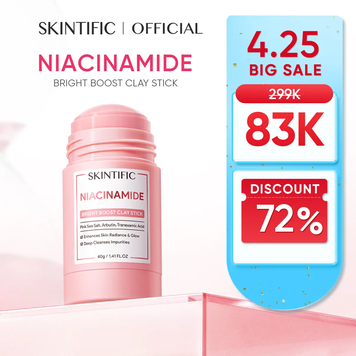 SKINTIFIC Niacinamide Bright Boost Clay Stick 40g | Brightening Glowing Masker Wajah Komedo Skincare BPOM Eksfoliasi Wajah Exfoliating Pengangkat Komedo Penghilang Jerawat BPOM Acne Mask with DSM High-Purity Niacinamide Arbutin Pink Sea Sa