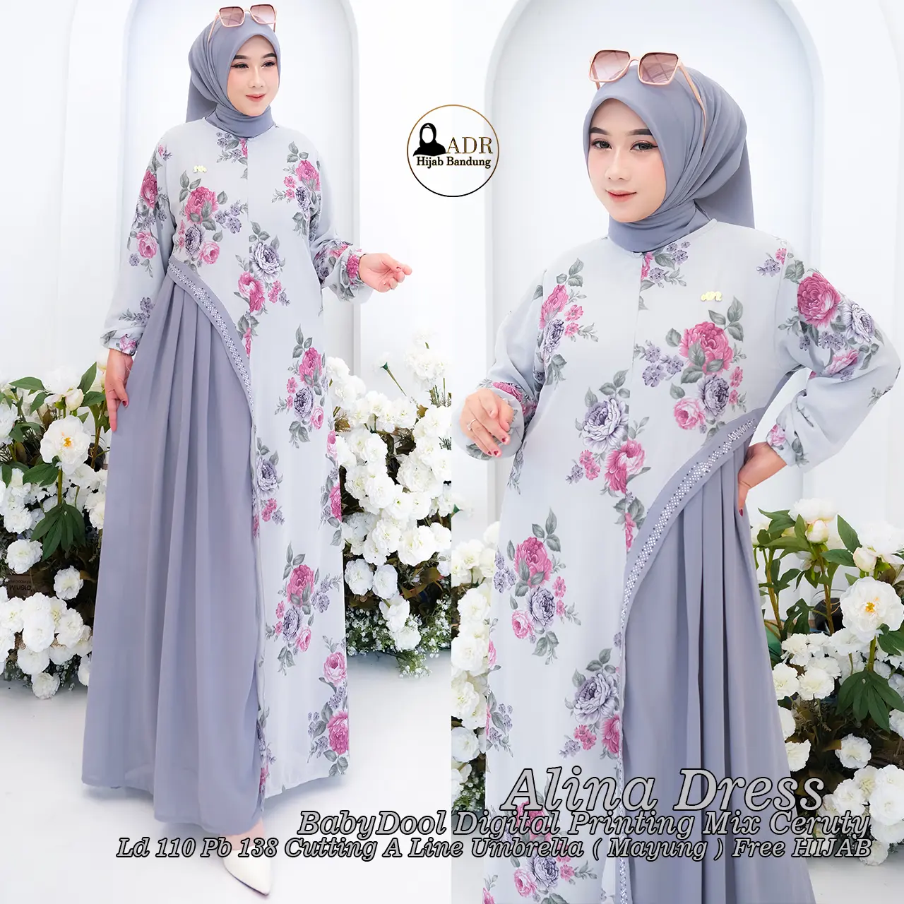 Dress Alina Gamis BabyDoll Digital Printing Full Furing Busui dan Wudhu Friendly Kerudung SegiEmpat