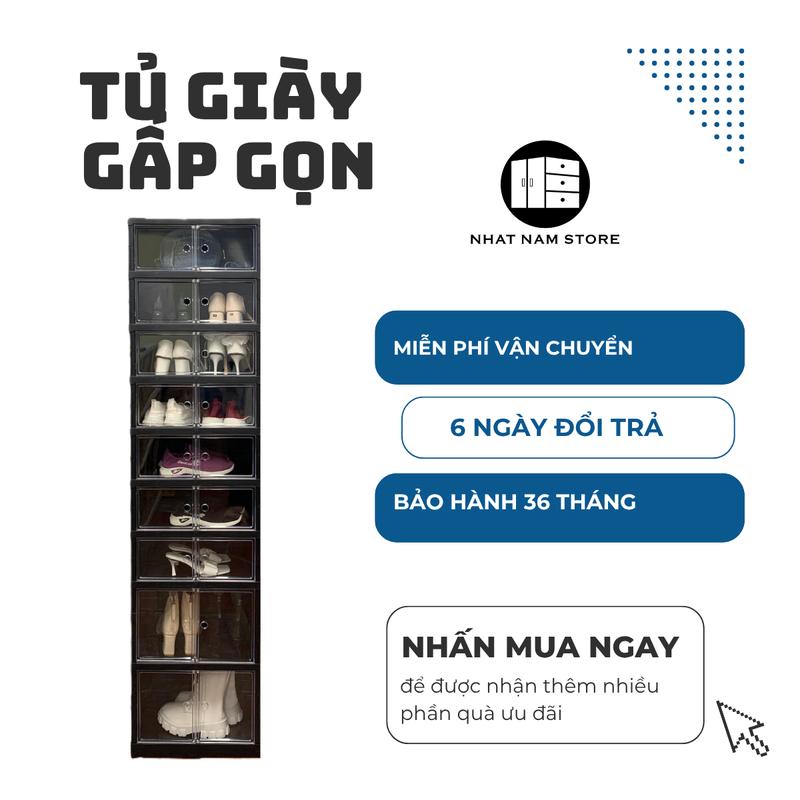 [Mẫu mới] Tủ giày gấp gọn màu đen để được 18 đôi, có 02 ngăn để giày boots - Mã 9102-7-2G Black - Nhựa ABS cao cấp có bánh xe ẩn