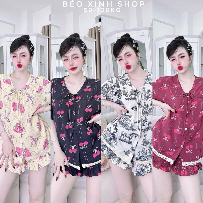 Đồ Bộ - Đồ Ngủ Quần Áo Đùi Lụa Nhật Phối Ren Tiểu Thư Pijama Bigsize 50-100kg Bộ Ngủ Nữ Nhung Lịch Women Quần Ngủ - A.5046