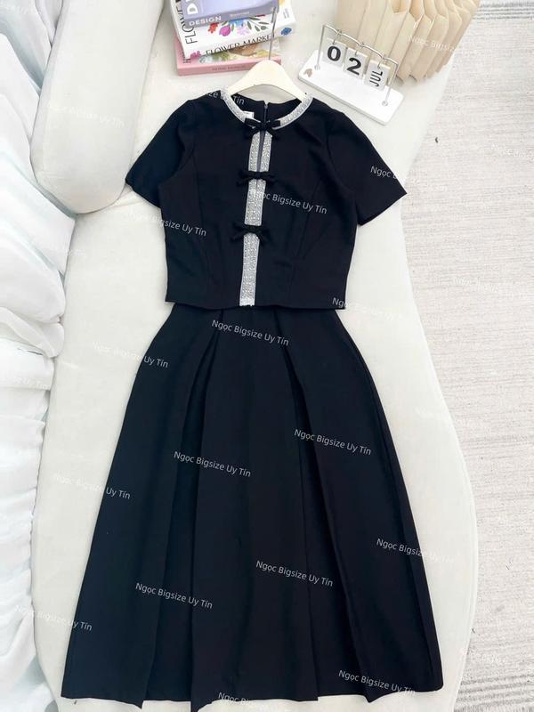 ( Bigsize 55-95kg ) Set Áo Nơ Viền Cườm Phối Chân Váy Dài Thiết Kế Thanh Lịch Dành Cho Nữ