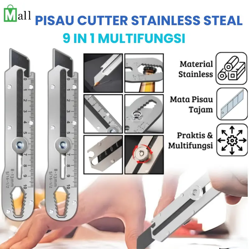 Pisau Cutter Stainless Multifungsi Pembuka Tutup Botol dan Penggaris Cutter 9 in 1 Serbaguna 0