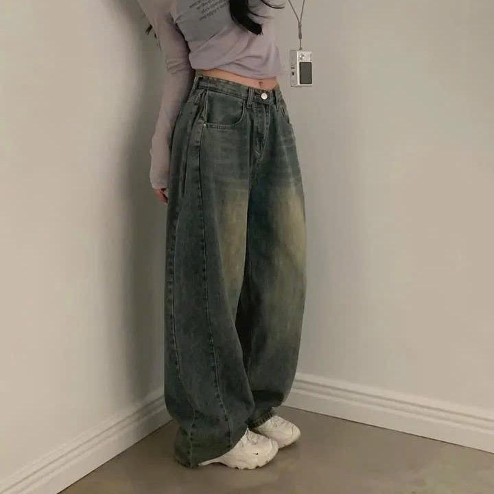 Quần jeans suông nhún hông 3 màu lưng cao dáng basic phong cách đường phố loe bò xanh ống rộng Nữ Women 8