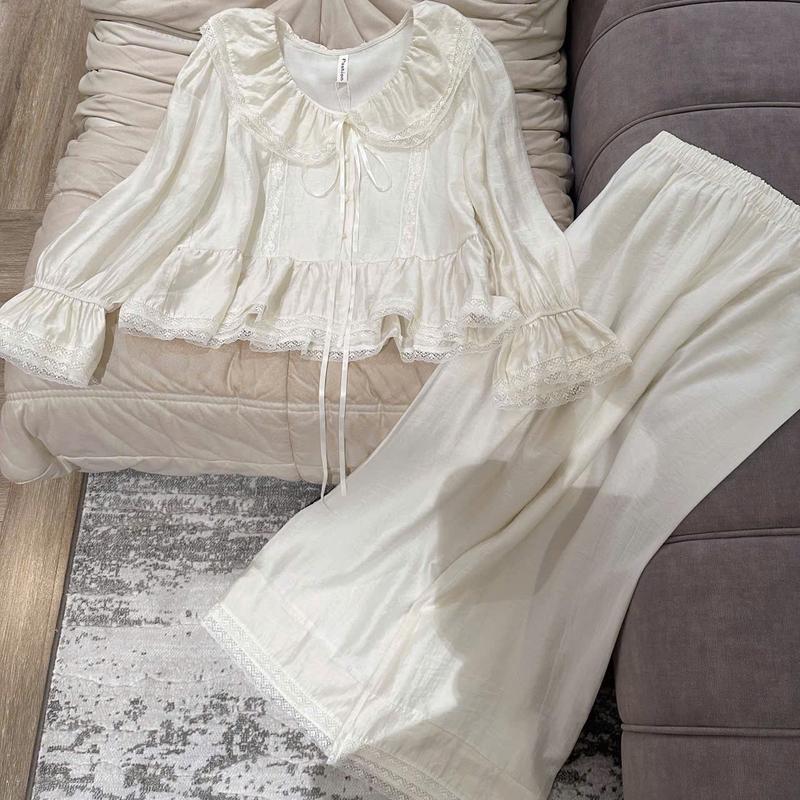  N467- Pijama dài tay tiểu thư đũi tơ cổ bèo thắt nơ cho nữ - Bộ ngủ mặc nhà hàng quảng châu cao cấp 