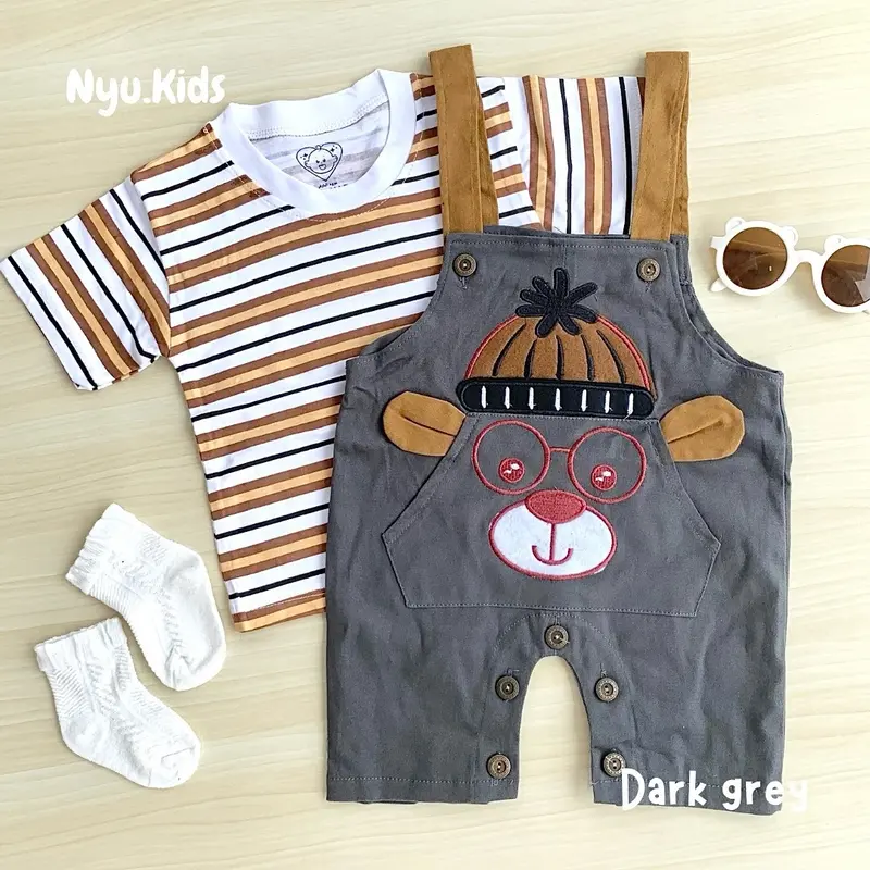 Nyukids - Overall SET Glasses Bear 5bulan - 18bulan / One Set Setelan / Baju Bayi Cowok/ Bahan Adem dan Nyaman 0
