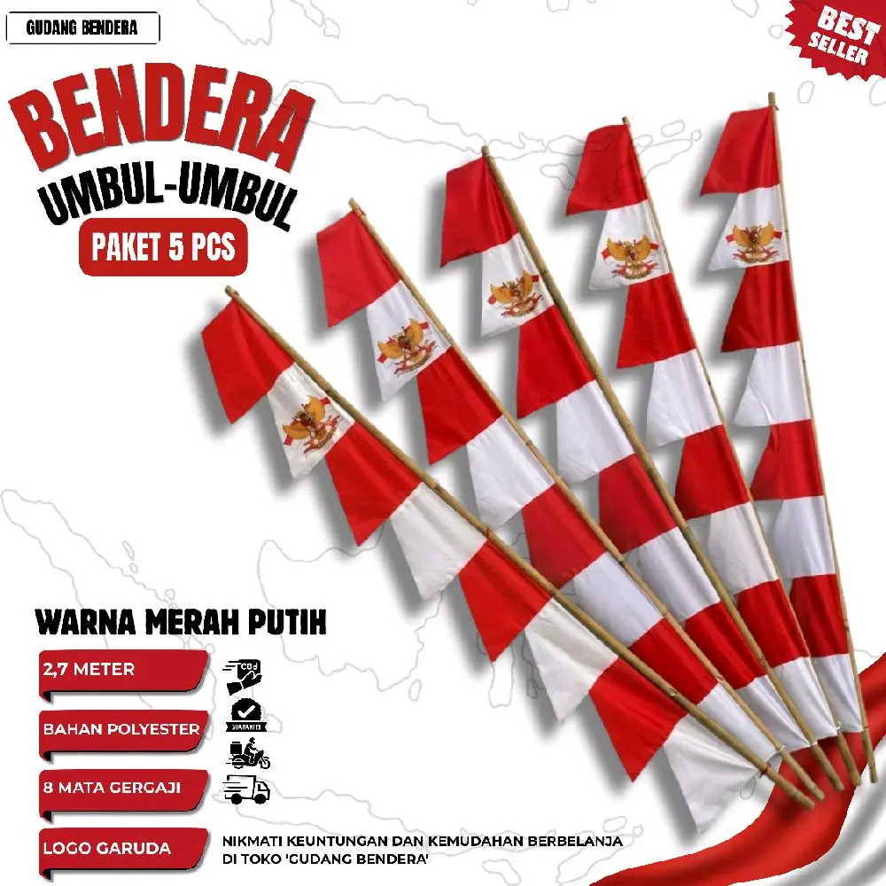 PAKET 5 PCS Umbul Umbul Garuda Merah Putih 2,7 Meter Bahan Poliester Peles 8 Mata Gergaji Bendera Kualitas Terbaik untuk Acara Nasional