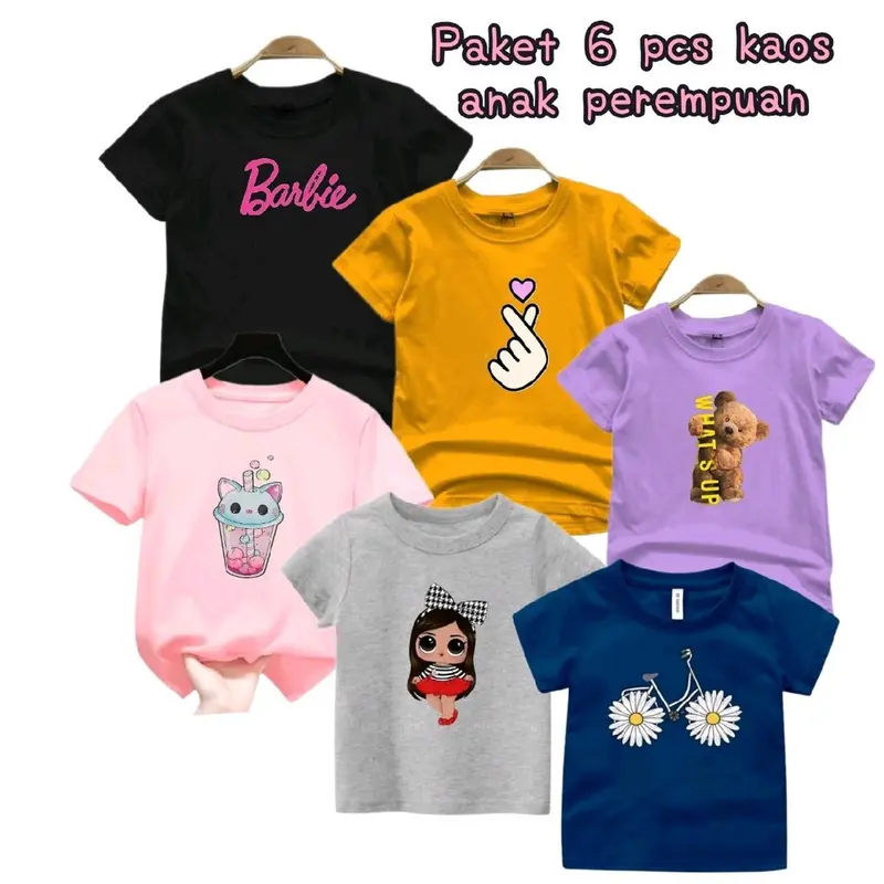 Paket Hemat 6Pcs Kaos Anak Perempuan Gambar Campur Lucu Katun 0