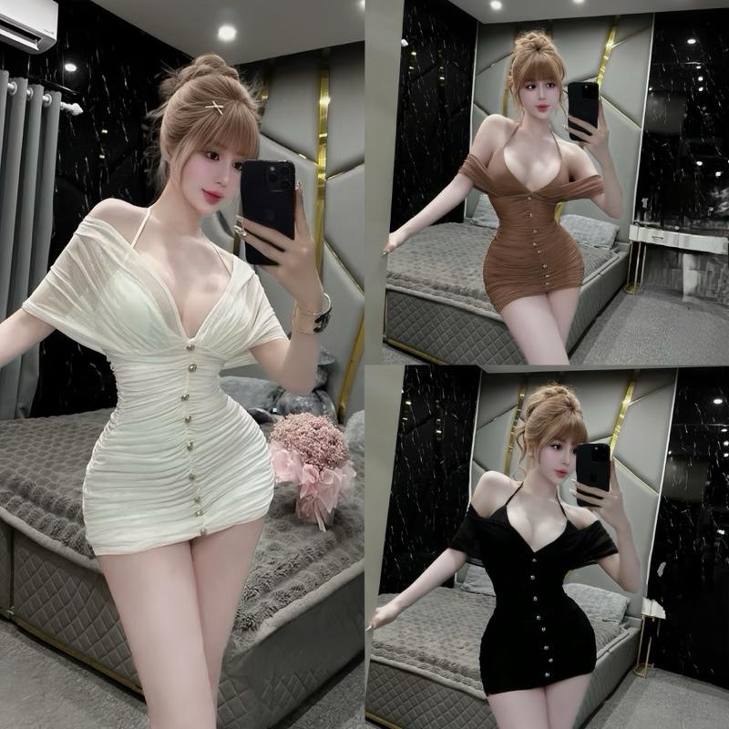 Đầm body thun lưới phối cúc vàng choàng tay mặc được 2 kiểu vai Đầm thun lưới ôm body co giãn tiểu thư sang chảnh sexy dự tiệc có kèm quần rời doxinh giare váy cúp vay chup cup mini