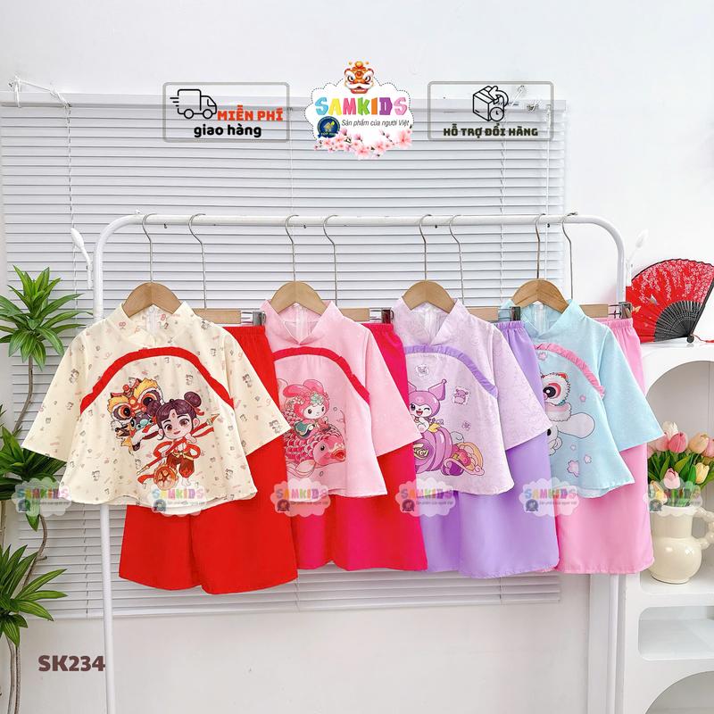  SAMKIDS - SK234 - Áo Dài Tết Cách Tân Lụa Mềm Cho Bé Gái 