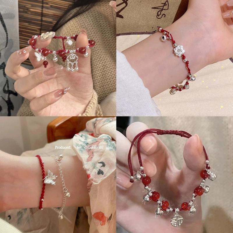 Thời Trang Nữ Trang Sức Dệt Bướm Chuông Hoa Dây Đỏ Đôi Có Thể Điều Chỉnh Vòng Tay