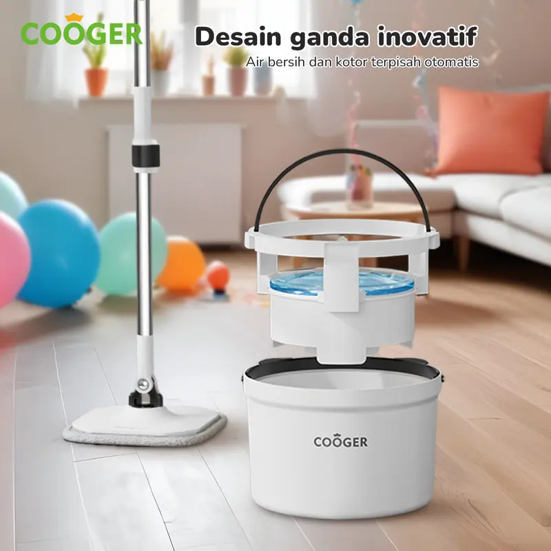COOGER Alat Pel Lantai Putar Plus Bentuk Panda Single Bucket Plus Spin Mop 2IN1 Panda Dual Teknologi Pemisah Air Kotor Dan Bersih Dalam Satu Ember Kain Stainless Hitam Pink 2