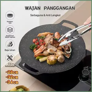 P Plus Wajan Panggangan BBQ Grill Pan Korean Bulat Anti Lengket Serbaguna Baja Teflon 28/32/34 cm Loyang Tipis Multifungsi untuk Memanggang & Barbecue
