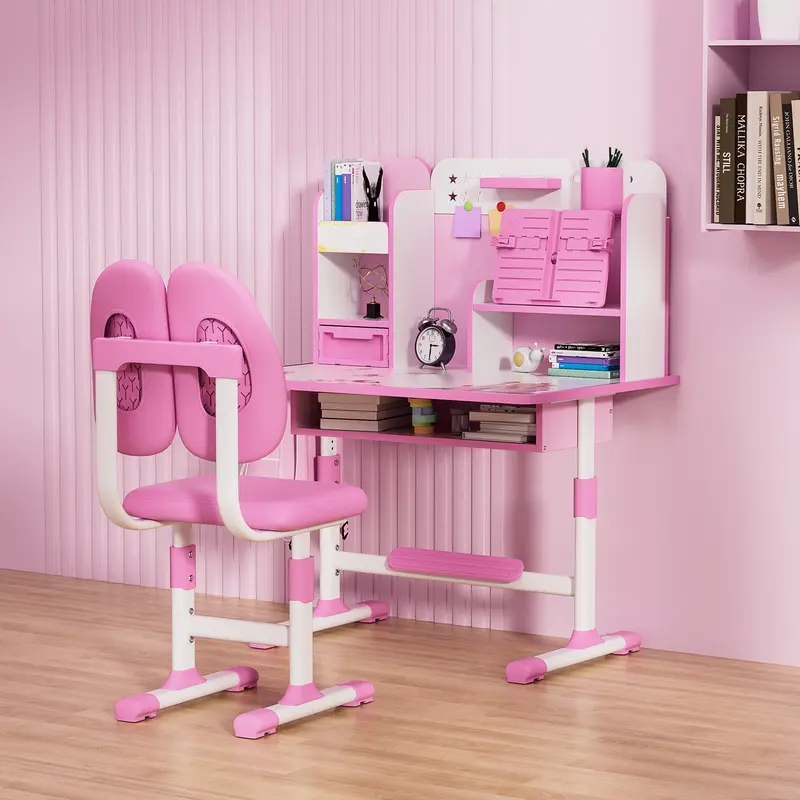 2Pcs/Set Kids Study Desk Chair Set, Height Adjustable Children School Study Table Chair Set with Sitting Corrector, Ergonomic Desk Chair with Book Stand, Foot Pedal, Partition Design (Pink, Blue) 1