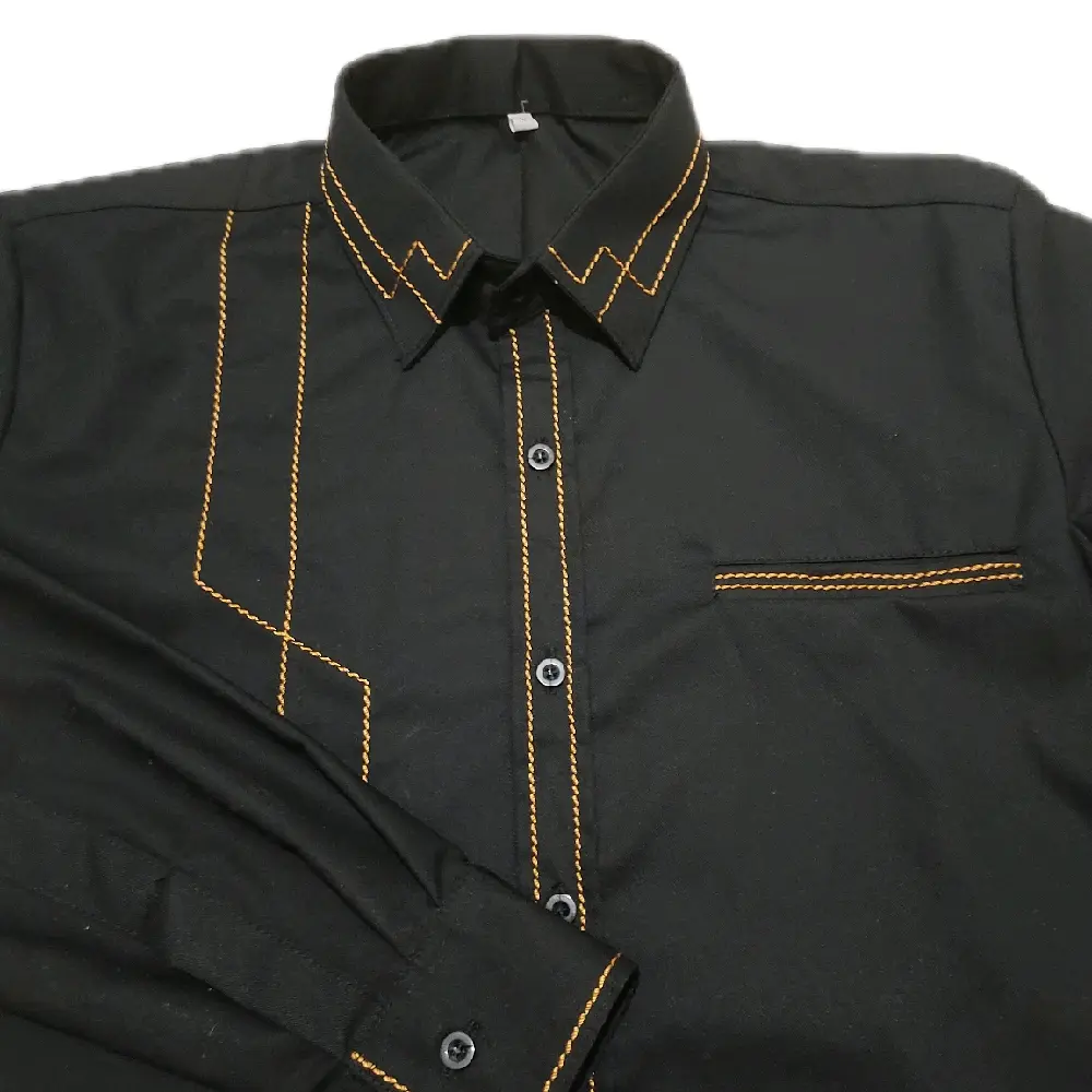 Garis 2 di Badan - Kemeja pria premium variasi benang timbul Smock lengan panjang hitam