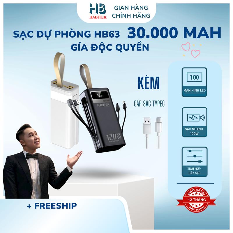 ĐỘC QUYỀN VINH BÁNH BÒ Sạc Dự Phòng HB63 30.000MAH Tích Hợp 2 Dây Sạc Sạc Siêu Nhanh Bảo Hành 6 Tháng Đổi trả bất kỳ lý do gì Phụ Kiện Điện Thoại Pin Dự Phòng Đèn
