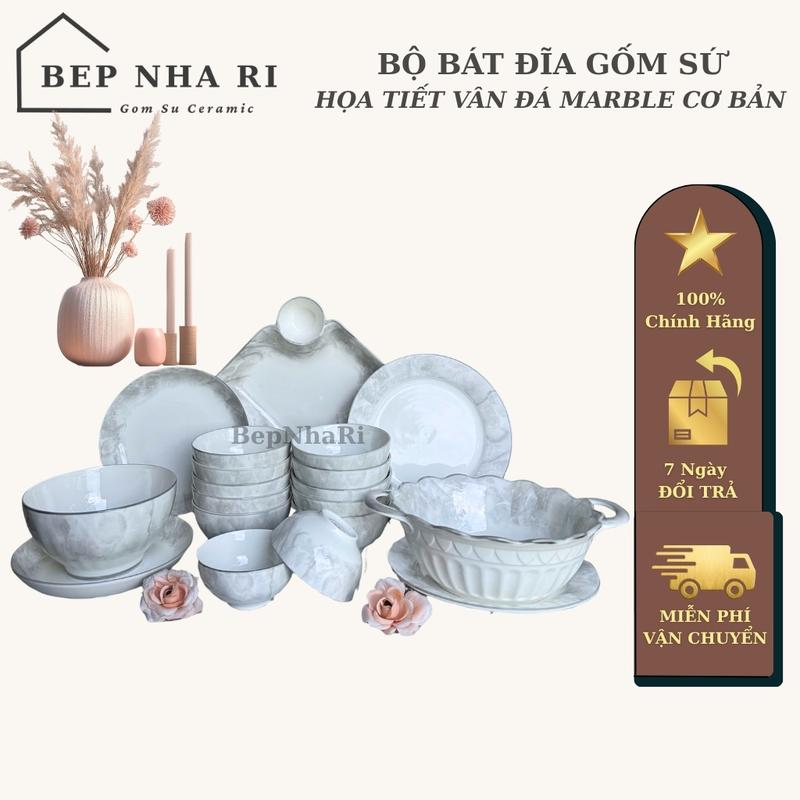    BepNhaRi   Bộ Bát Đĩa Gốm Sứ Họa Tiết Vân Đá MARBLE Cơ Bản - THANH LỊCH TRONG TỪNG CHI TIẾT 