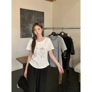 Kemeja-T Lengan Pendek Cetakan Kucing Kartun, Gaya Baru Musim Panas, Saiz Besar, Kasual dan Seronok, Bahu Biasa, 64358