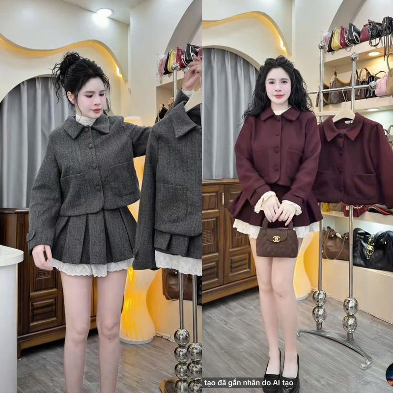  Set Bộ Áo Dạ  Dày Ấm Cúc Bọc Cổ Đức Dáng Dài Tay Mix Chân Váy Ngắn Phối Ren Dày Dặn Dáng Chuẩn Cho Mù Đông 