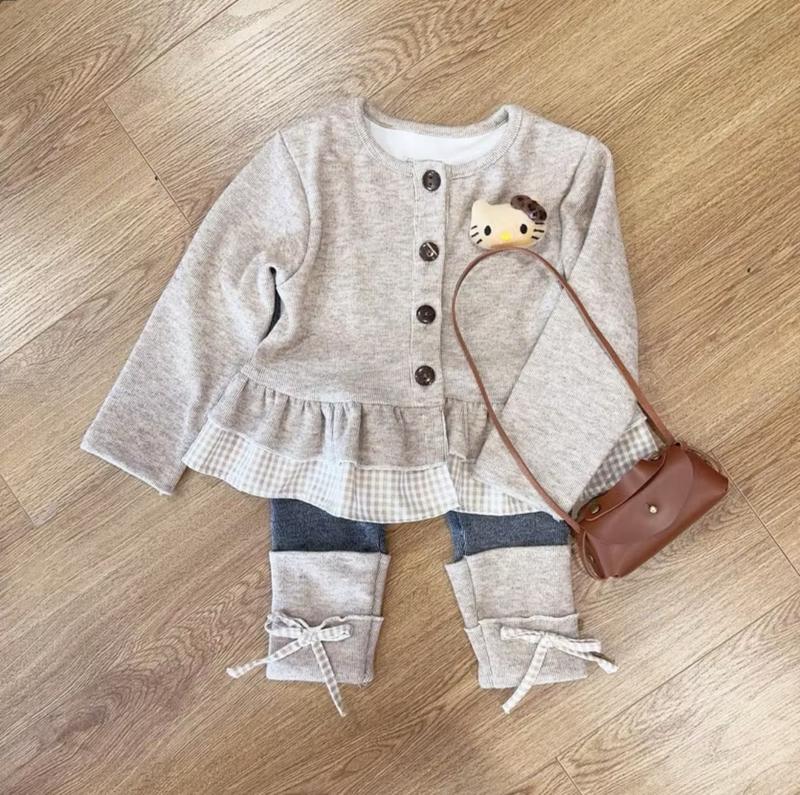   6-18kg  TD330 Bộ áo Nâu be len lông thỏ phối  quần  legging họa tiết xinh xắn cho bé gái 