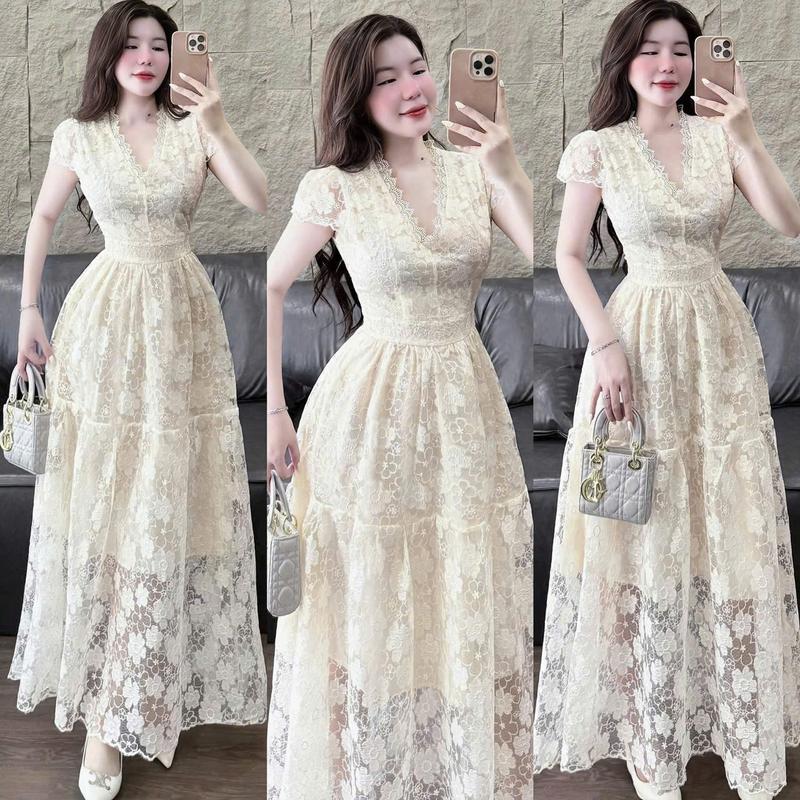  Đầm váy nữ ren hoa 2 lớp thiết kế cổ V ngắn tay phối tùng váy dáng dài xoè nhẹ nhàng thanh lịch xinh xắn cho các nàng đi chơi đi tiệc 