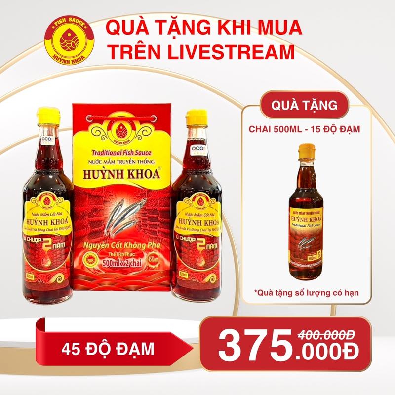 Huỳnh Khoa [OCOP 5 sao Quốc Gia] Nước mắm truyền thống Phú Quốc 45 độ đạm Đặc biệt 520ml Hộp 2 chai Thơm ngon không chất bảo quản