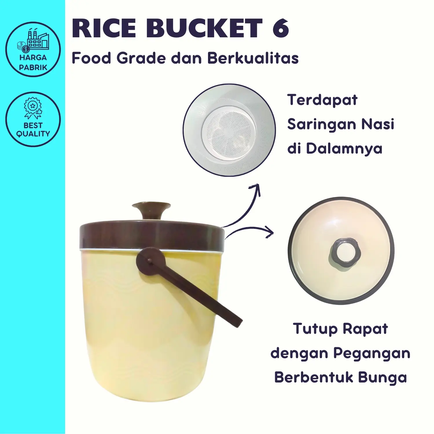 (COD) RICE BUCKET UK.6 CREAM FOOD GRADE - TEMPAT NASI / TEMPAT ES (FREE CENTONG) Coklat Plastik