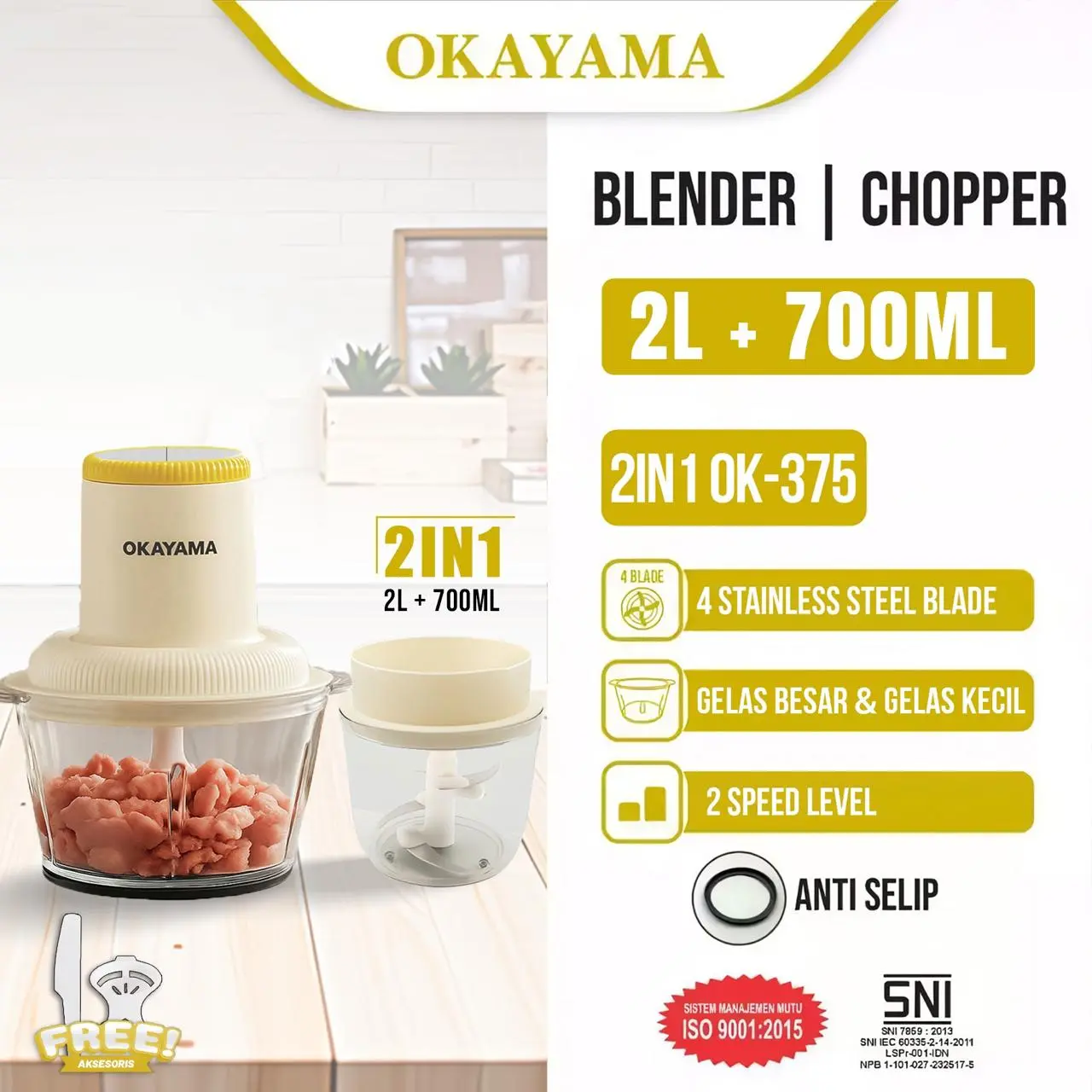 OKAYAMA OK-375 Food Chopper 2in1 Kaca 2L 700ML Food Processor 300W Multifungsi Penggiling Daging 2 Speed