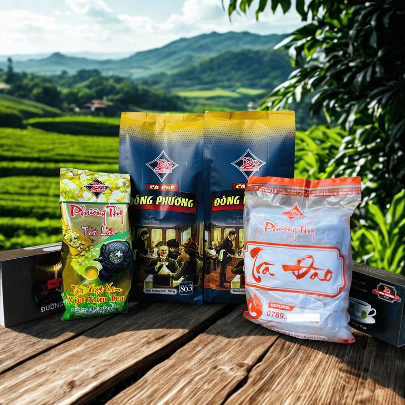 Trà & Cà Phê Đông Phương COMBO Số 3: Gồm: 2 Gói Cà phê Số 3 500g gói - 1 Hộp Trà đậu đen xanh lòng dạng túi lọc 180g hộp - 1 Hộp Đường Đông Phương 1 Gói Trà Đào túi lọc 150g gói - 1 Gói Trà Lài 70g gói