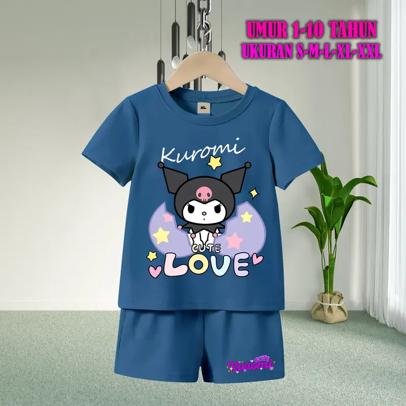 Setelan Baju Anak Tidur Gambar Kuromi Lengan Pendek dengan Sablon Berkualitas - Baju Anak Fashion Celana Pendek piyama  kuromi  anak baju  tidur  anak  perempuan 3