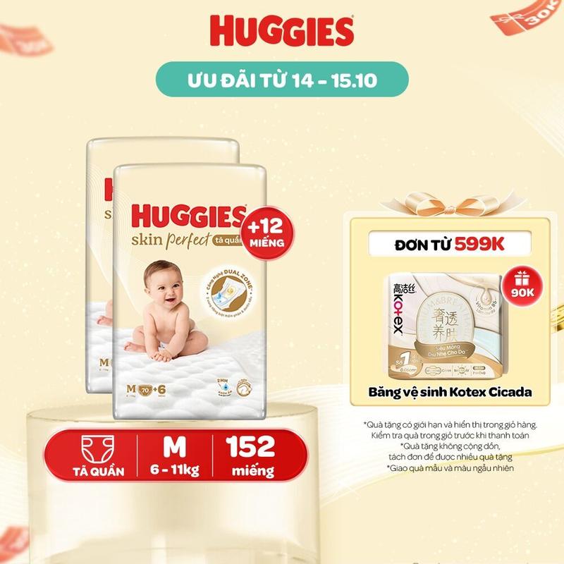 [Creator] Combo 2 Tã/ Bỉm quần Huggies Skin Perfect Super Jumbo với 2 vùng thấm giảm kích ứng da Size M70+6/L60+6/XL52+6/XXL48+6