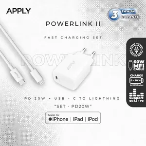 [GARANSI 3 TAHUN] Apply - MFI POWERLINK II - 1 Set Charger iPhone PD20W + MFI Cable Lightning 60W For iPhone 8 XR 11 12 13 14 MFI Certified