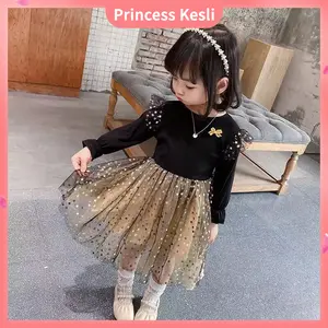 Princess Kesli Official Store 0-9 Tahun Gaun Anak Perempuan Temperamen Dan Mode Dress Pesta Bintang Gradien Hitam Rok Anak Perempuan Lengan Panjang