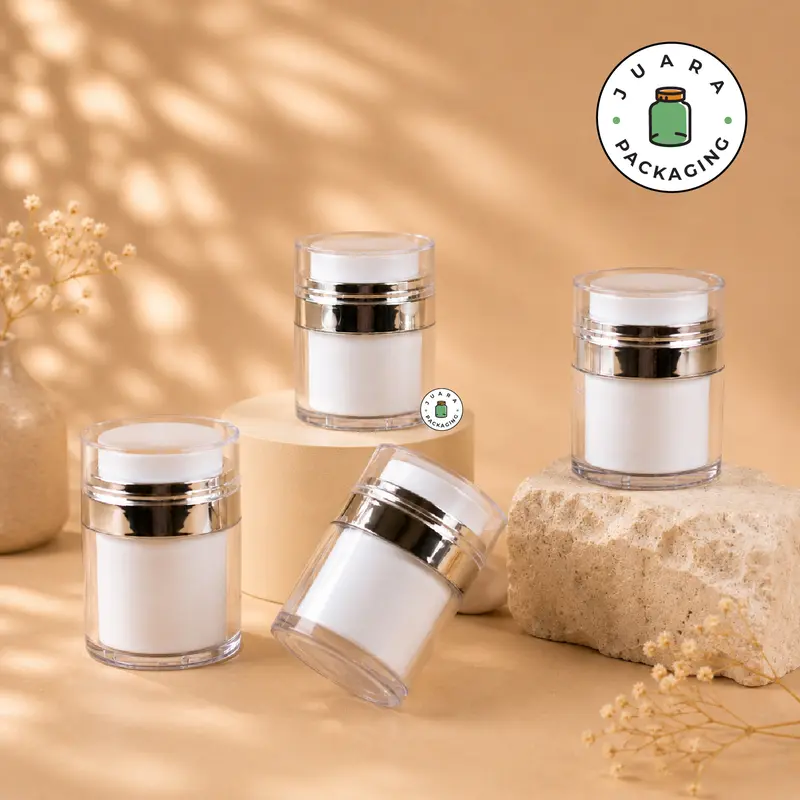 Pot Cream Airless 30ml Bahan Akrilik dengan List Silver & Pump – Wadah Kosmetik Elegan untuk Skincare, Krim Wajah, Lotion, Serum, Kemasan Refill Jar Premium 30 ml