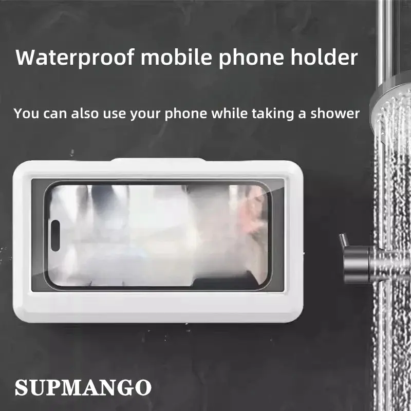 Waterproof Bathroom Wall-Mounted Mobile Phone Holder with Touch Screen Protective Cover for Kitchen Sealed Storage